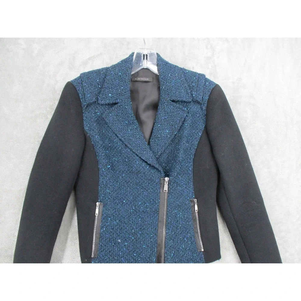 Elie Tahari Jacket Womens Size 2 Wool Blend Tweed Moto Full Zip Pockets Office
